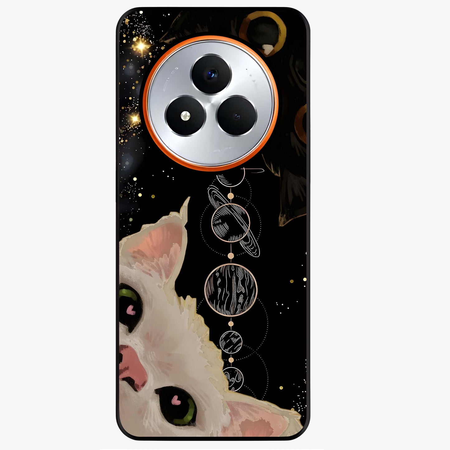 Galactic Cat Glass Case showing flat back view with cosmic cat artwork and glossy glass finish.