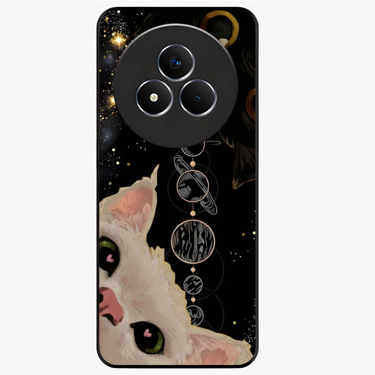 Galactic Cat Glass Case showing flat back view with cosmic cat artwork and glossy glass finish.