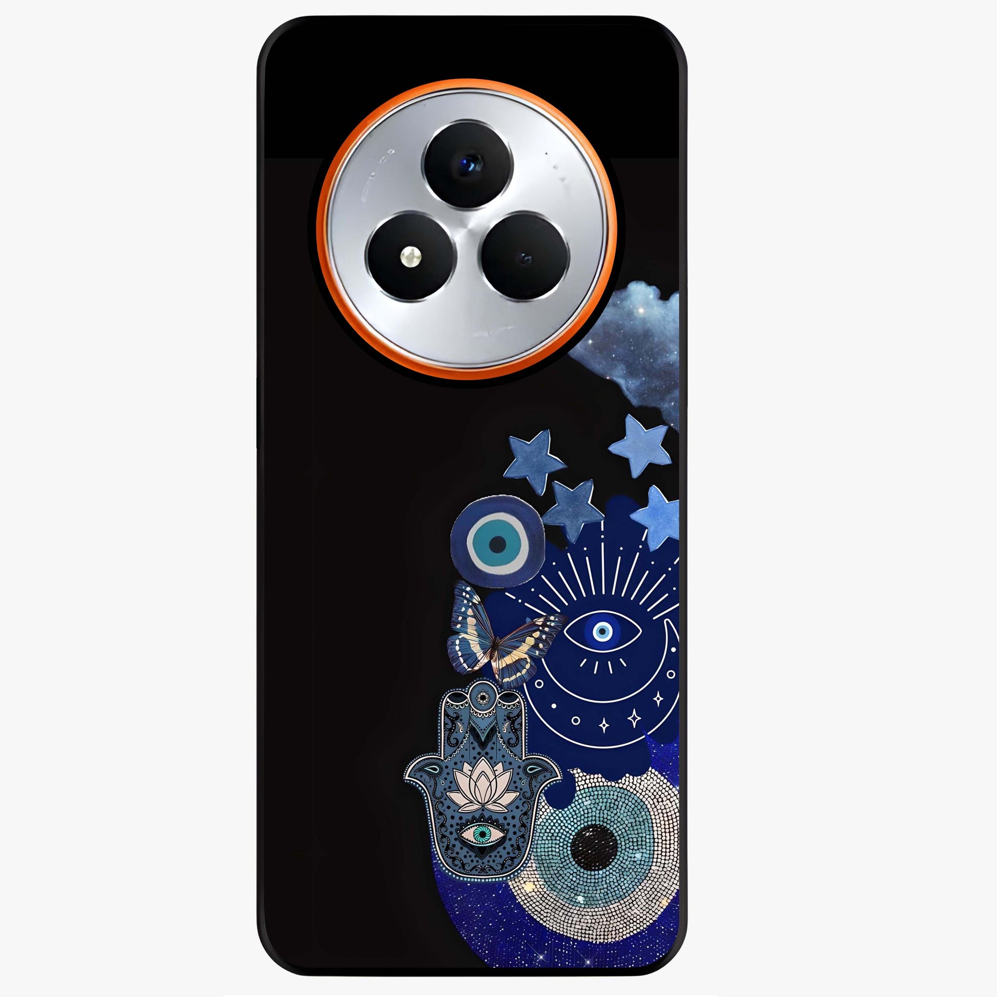 Galactic Charm Cluster Glass Case showing flat back view with glowing celestial charm artwork and glossy glass finish.