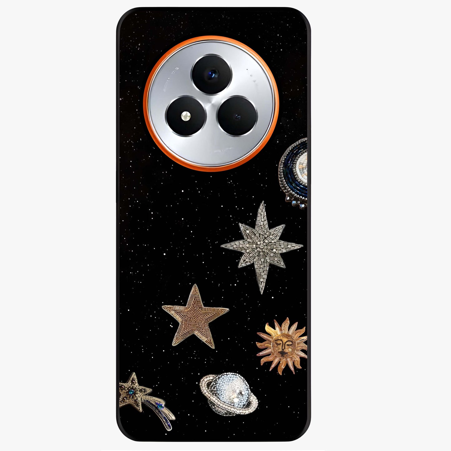 Galactic Charm Glow Glass Case showing flat back view with glowing celestial charm artwork and glossy glass finish.