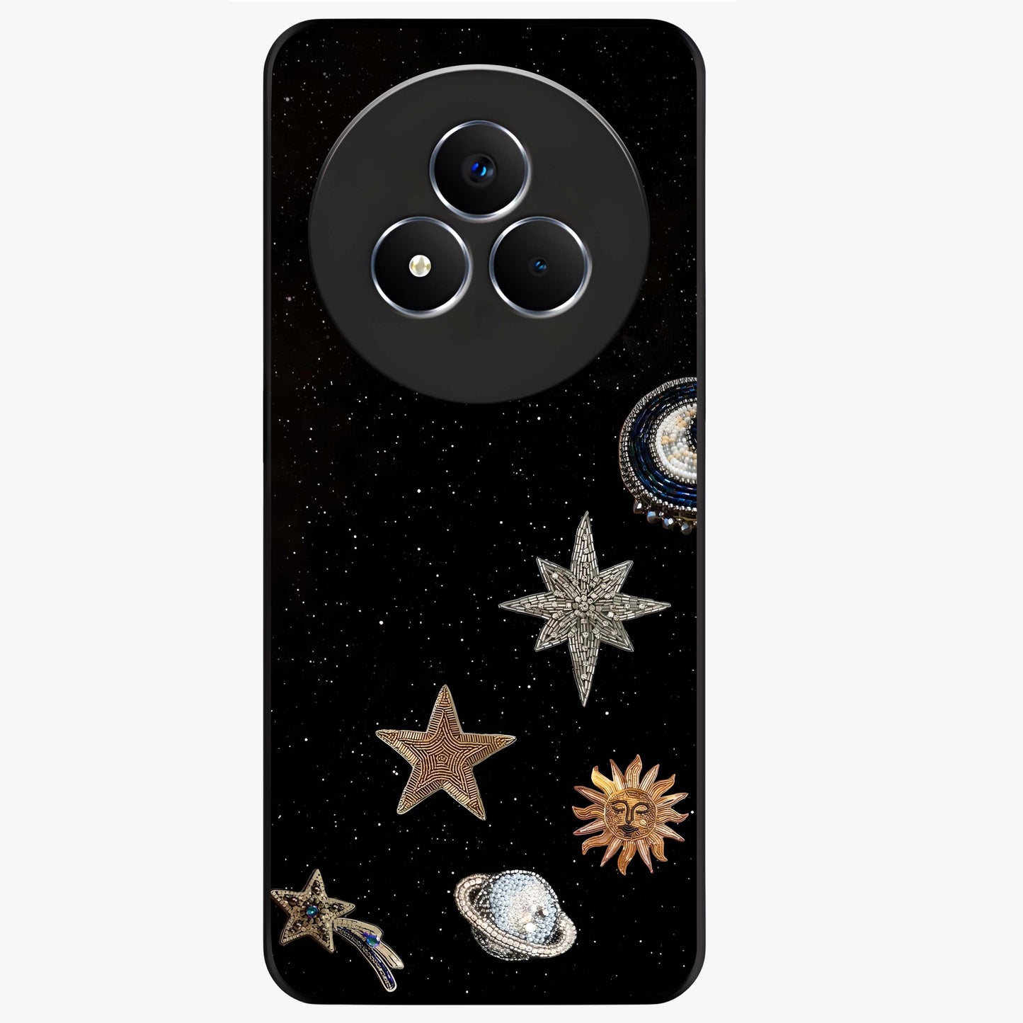 Galactic Charm Glow Glass Case showing flat back view with glowing celestial charm artwork and glossy glass finish.