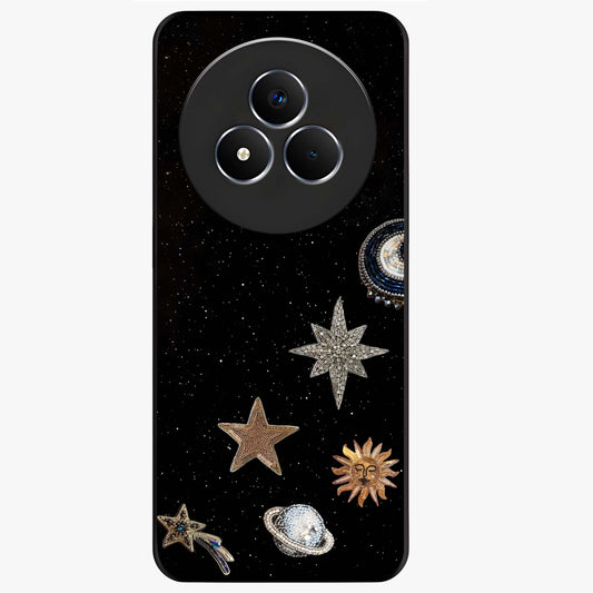 Galactic Charm Glow Glass Case showing flat back view with glowing celestial charm artwork and glossy glass finish.