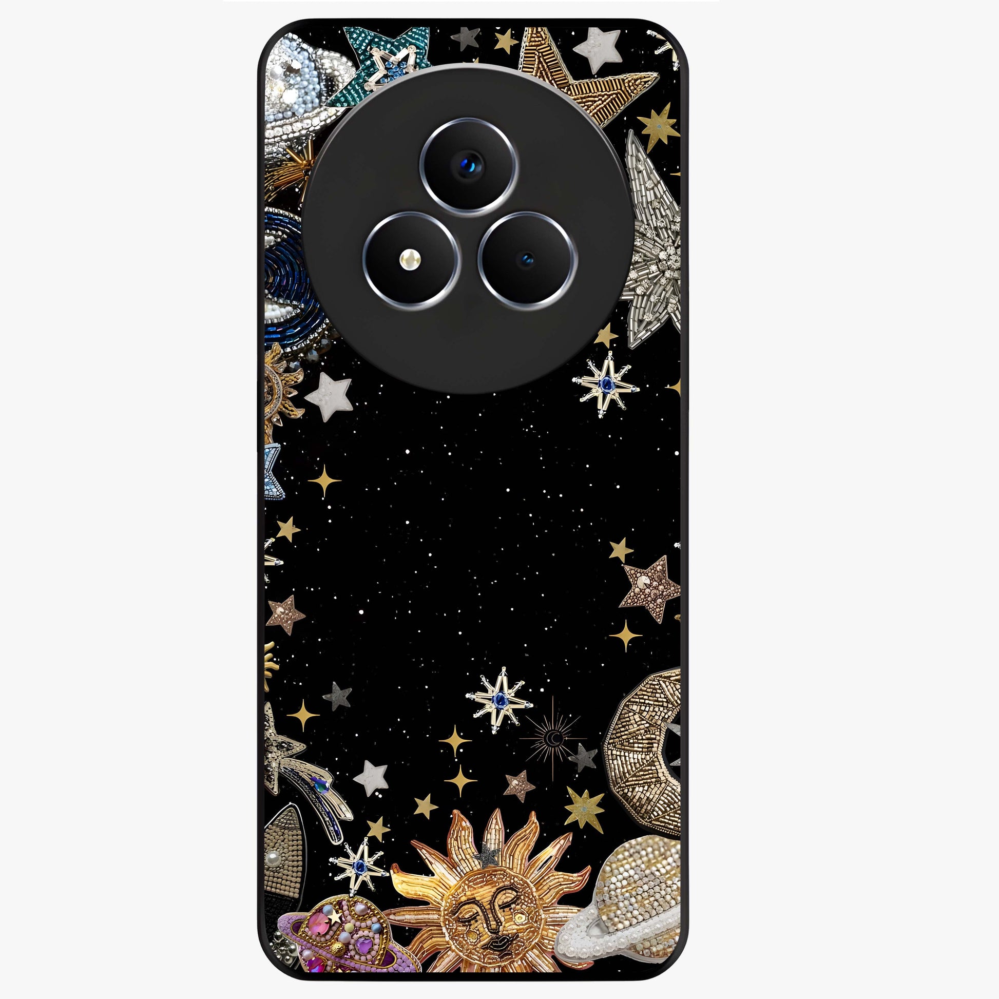 Galactic Jewel Stars Glass Case showing flat back view with sparkling star jewel artwork and glossy glass finish.
