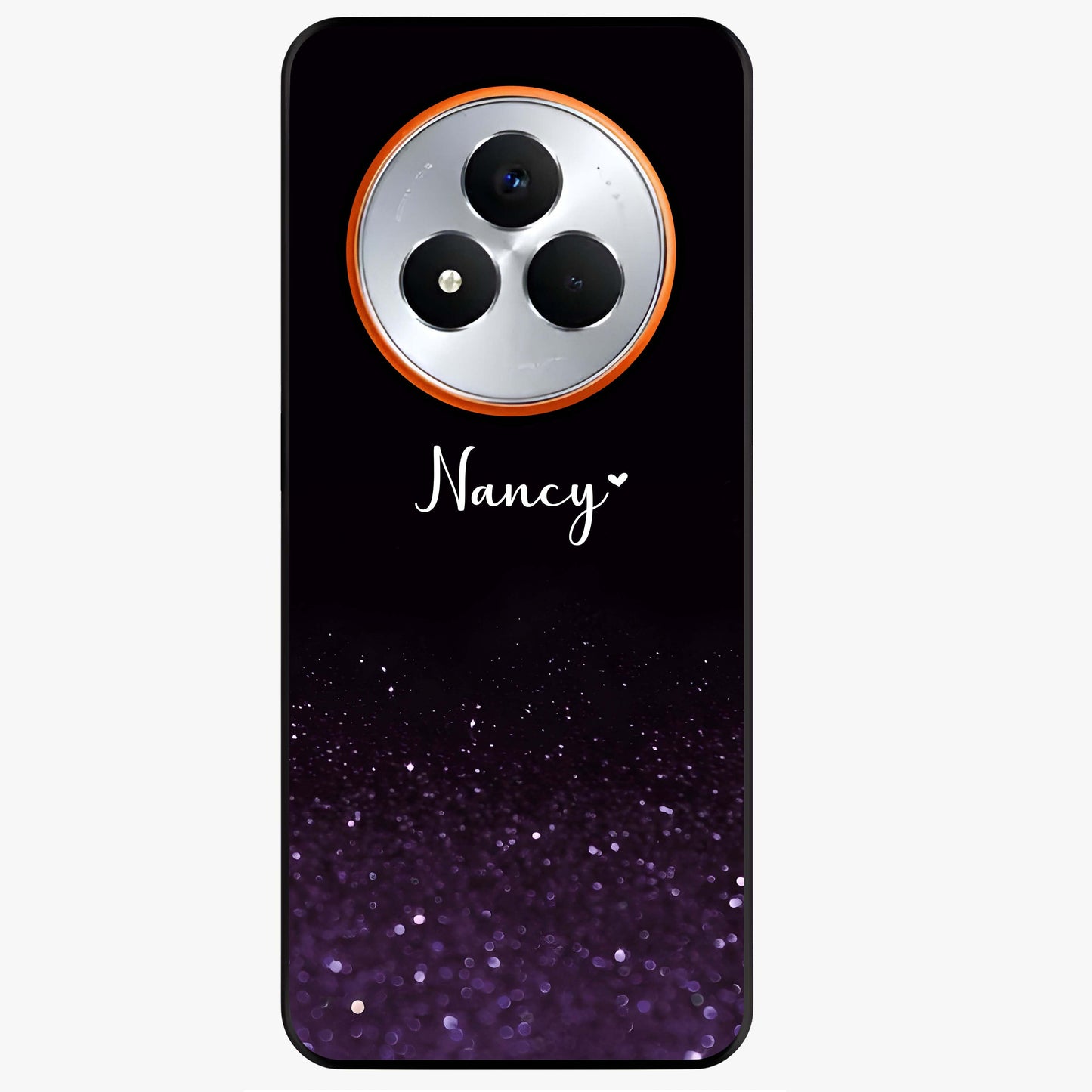 Glittery Purple Bokeh Custom Name Glass Case showing flat back view with purple bokeh sparkle artwork and personalized name design.