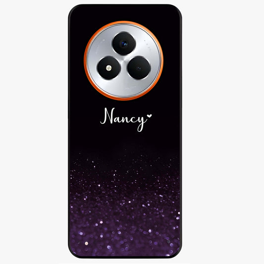Glittery Purple Bokeh Custom Name Glass Case showing flat back view with purple bokeh sparkle artwork and personalized name design.