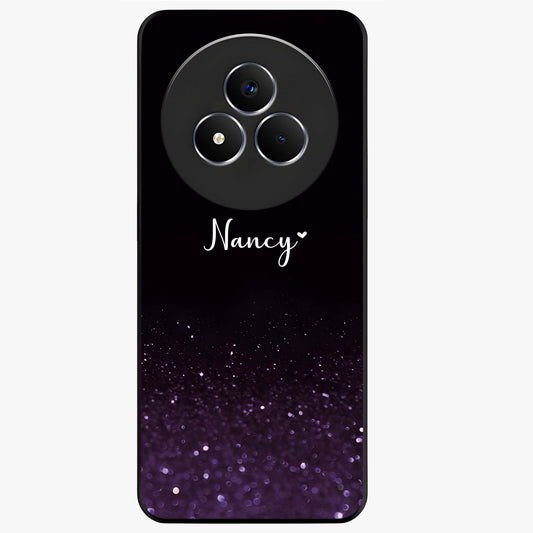 Glittery Purple Bokeh Custom Name Glass Case showing flat back view with purple bokeh sparkle artwork and personalized name design.