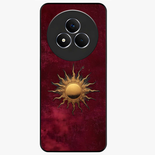 Golden Celestial Charm Glass Case showing flat back view with golden celestial charm artwork and glossy glass finish.