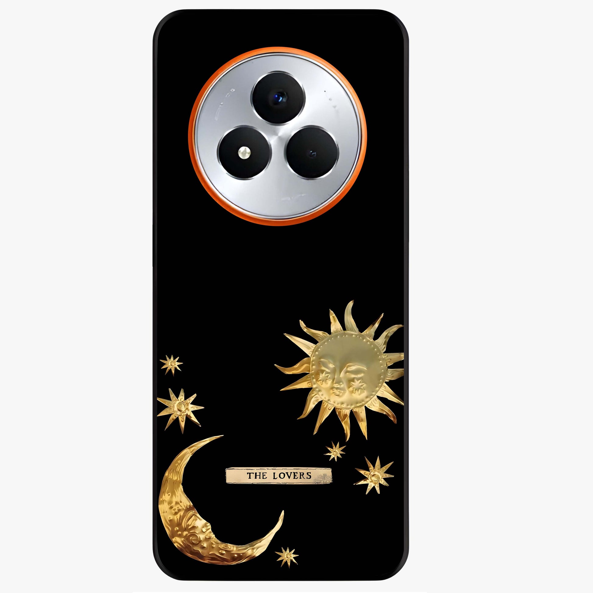 Golden Celestial Charm Glass Case showing flat back view with golden celestial charm artwork and glossy glass finish.