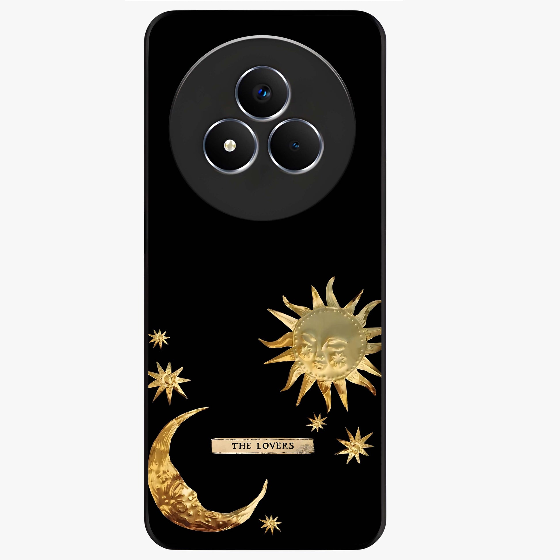 Golden Evil Eye Mandala Glass Case showing flat back view with intricate evil eye mandala artwork and glossy glass finish.