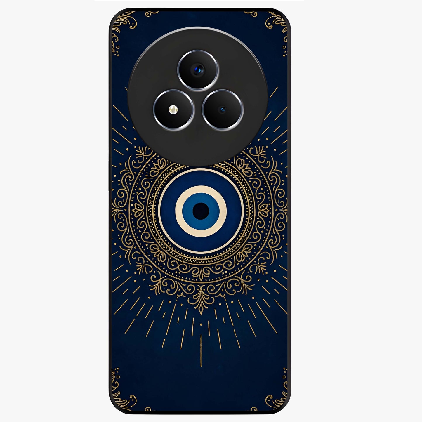 Golden Floral Majesty Glass Case showing flat back view with luxurious golden floral artwork and glossy glass finish.
