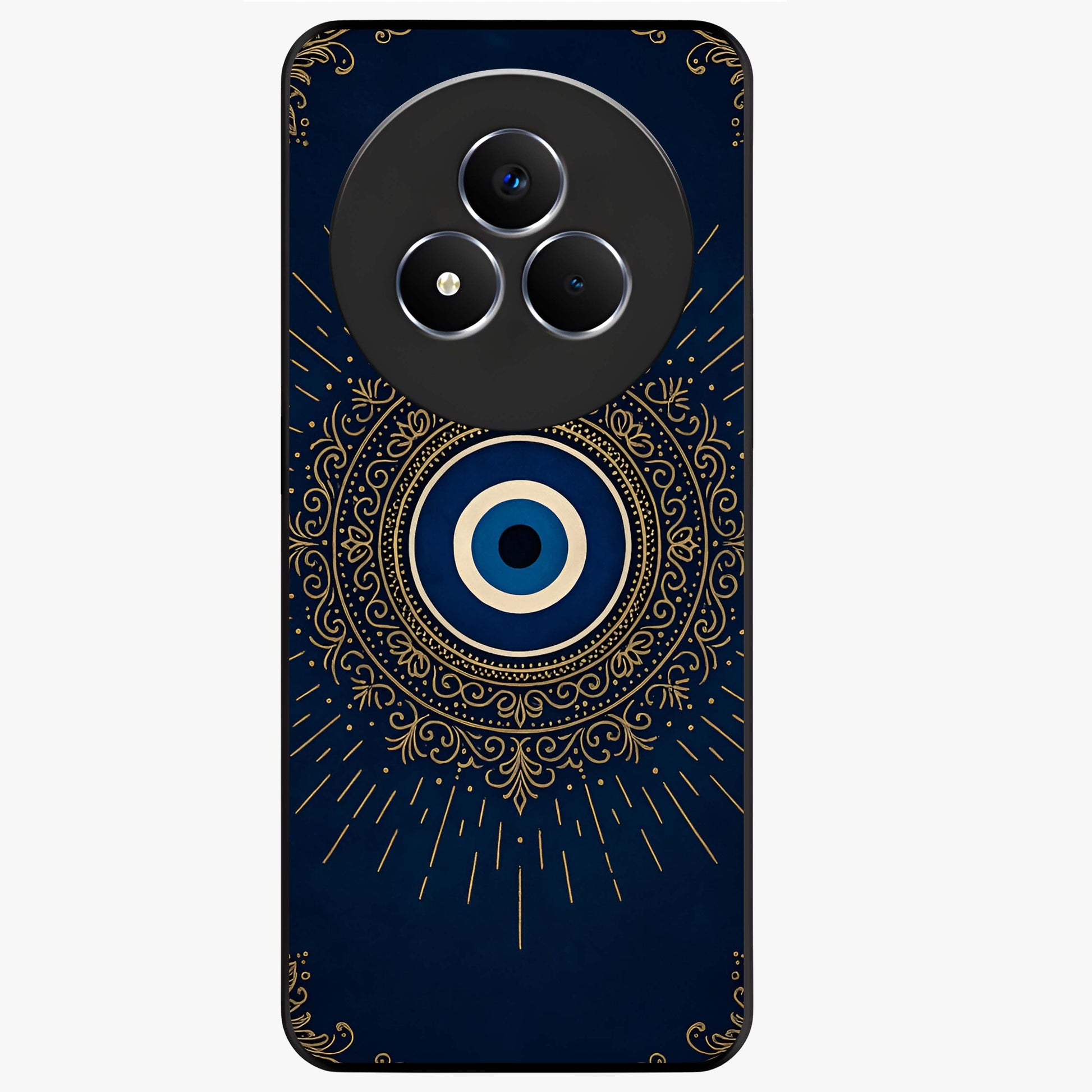 Golden Floral Majesty Glass Case showing flat back view with luxurious golden floral artwork and glossy glass finish.