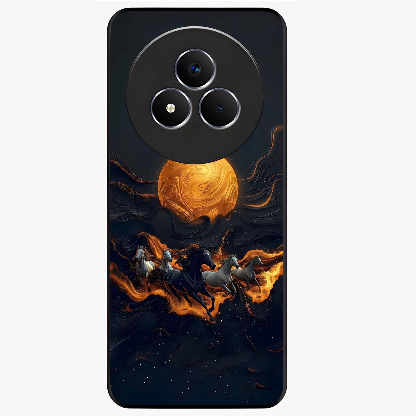 Golden Sun Majesty Glass Case showing flat back view with radiant golden sun artwork and glossy glass finish.