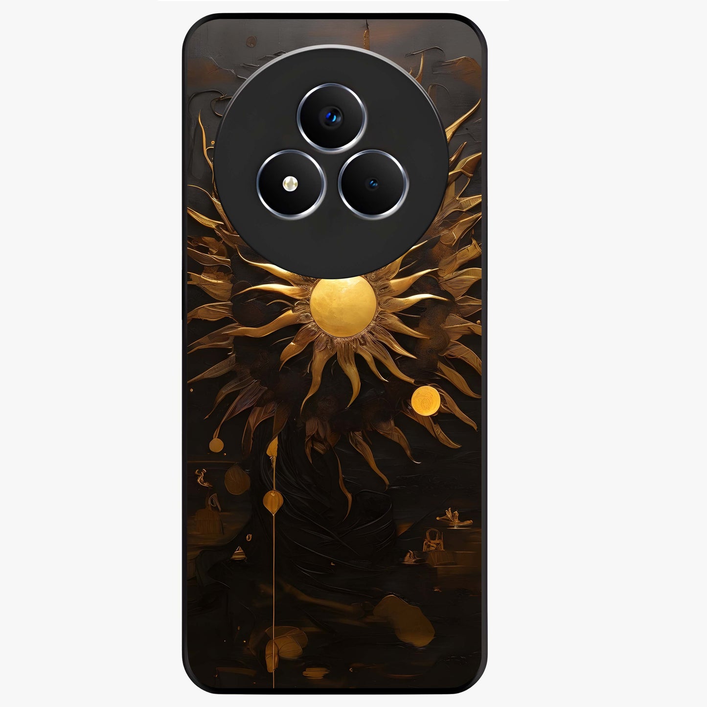 Golden Sun Minimalism Glass Case showing flat back view with minimal golden sun artwork and glossy glass finish.