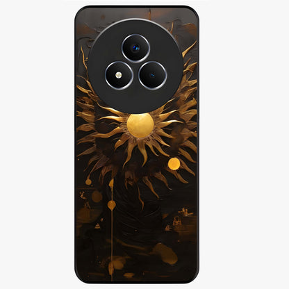 Golden Sun Minimalism Glass Case showing flat back view with minimal golden sun artwork and glossy glass finish.