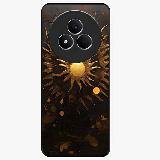 Golden Sun Minimalism Glass Case showing flat back view with minimal golden sun artwork and glossy glass finish.