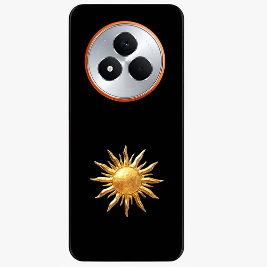 Golden Sun Minimalism Glass Case showing flat back view with minimal golden sun artwork and glossy glass finish.