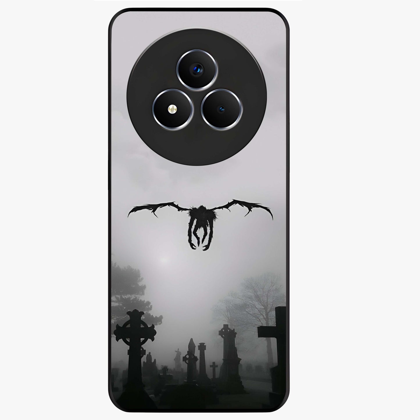 Graveyard Shadow Descent Glass Case showing flat back view with dark graveyard themed artwork and glossy glass finish.