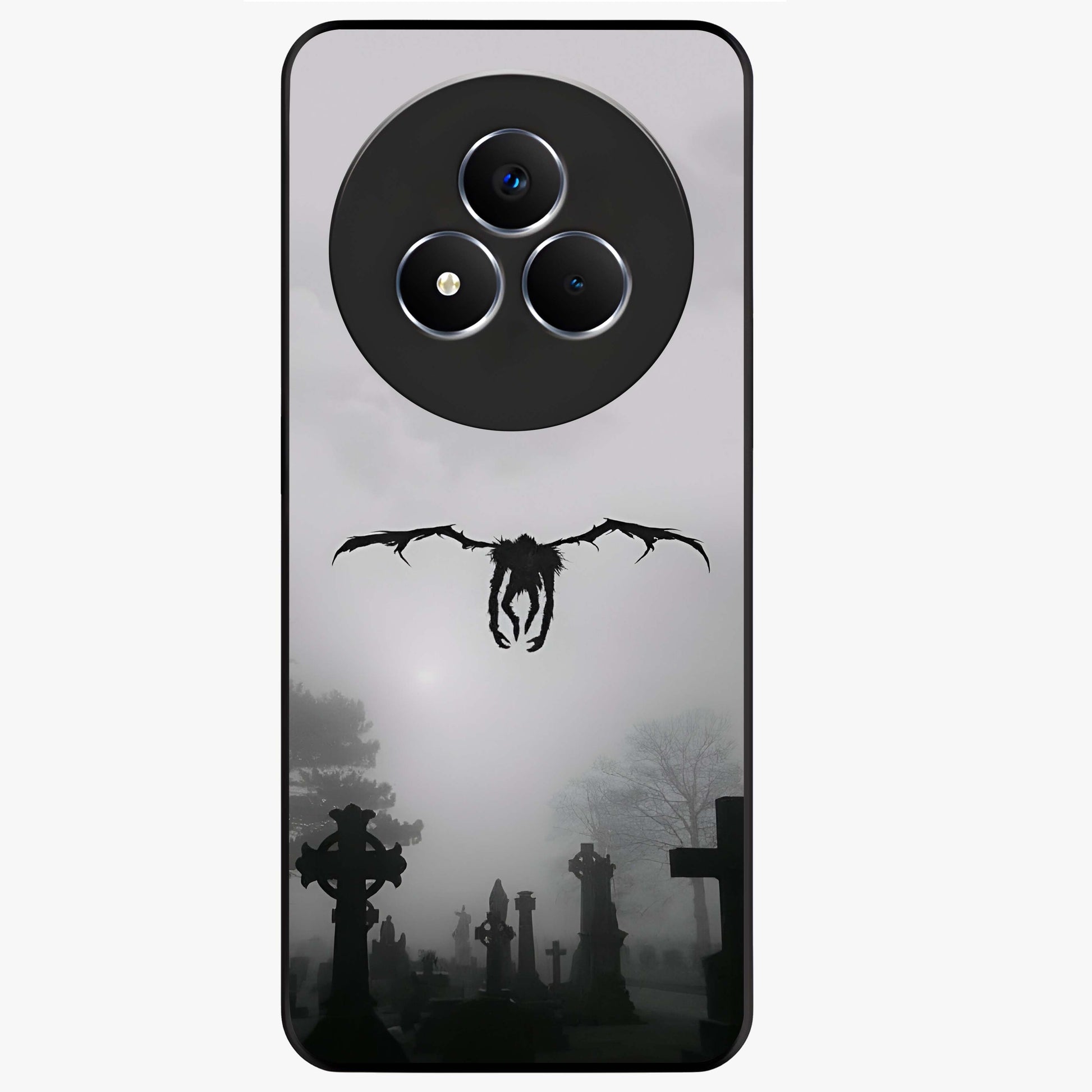 Graveyard Shadow Descent Glass Case showing flat back view with dark graveyard themed artwork and glossy glass finish.