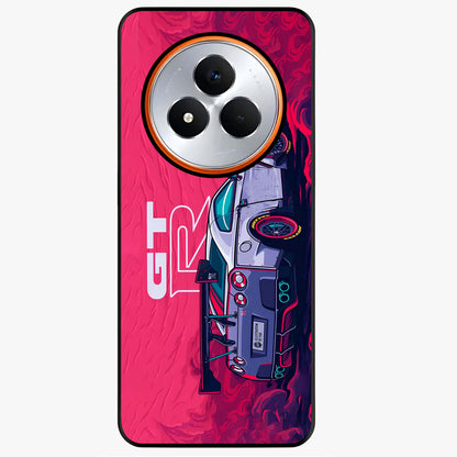 GT-R Car Pattern Glass Case showing flat back view with sporty car inspired pattern artwork and glossy glass finish.