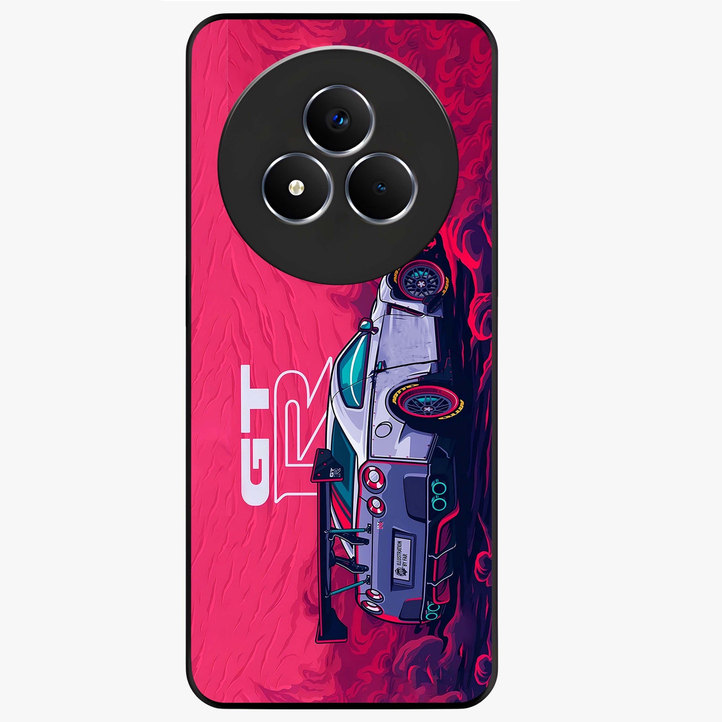 GT-R Car Pattern Glass Case showing flat back view with sporty car inspired pattern artwork and glossy glass finish.
