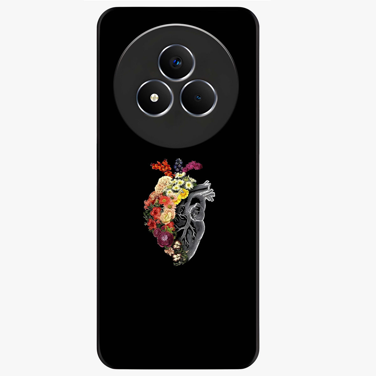 Heart With Flowers Glass Case showing flat back view with heart shaped floral artwork and glossy glass finish.