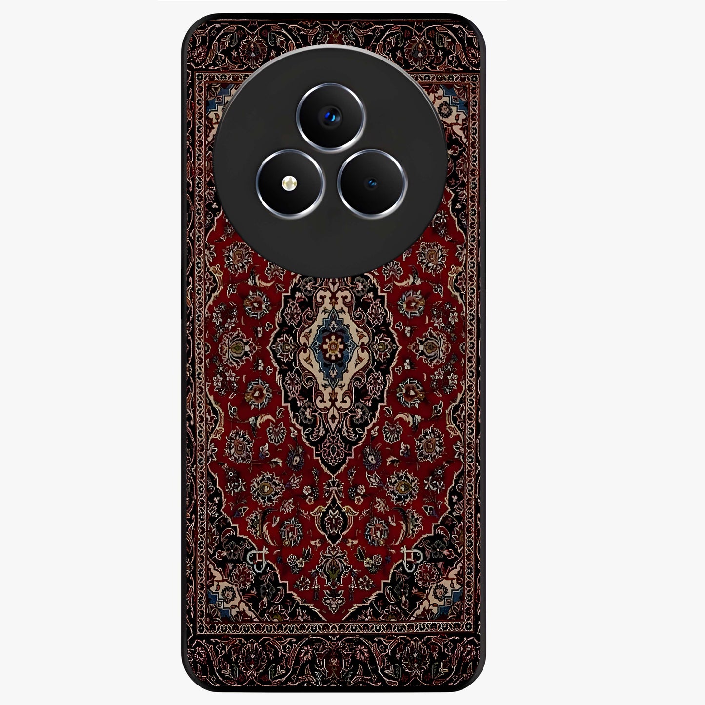 Heritage Carpet Royale Glass Case showing flat back view with ornate Persian carpet inspired pattern and glossy glass finish.