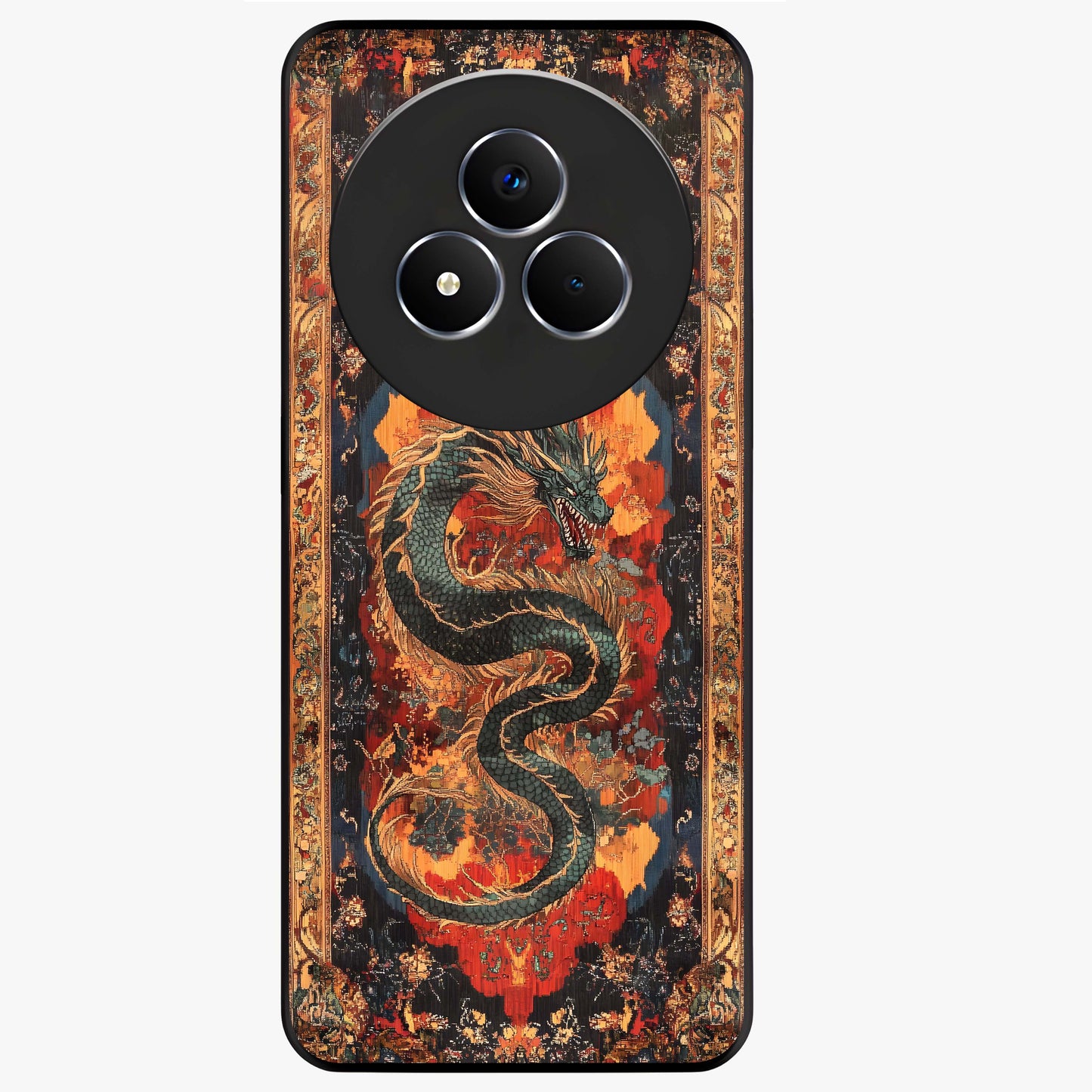 Inferno Dragon Soul Glass Case showing flat back view with fiery dragon artwork and glossy glass finish.