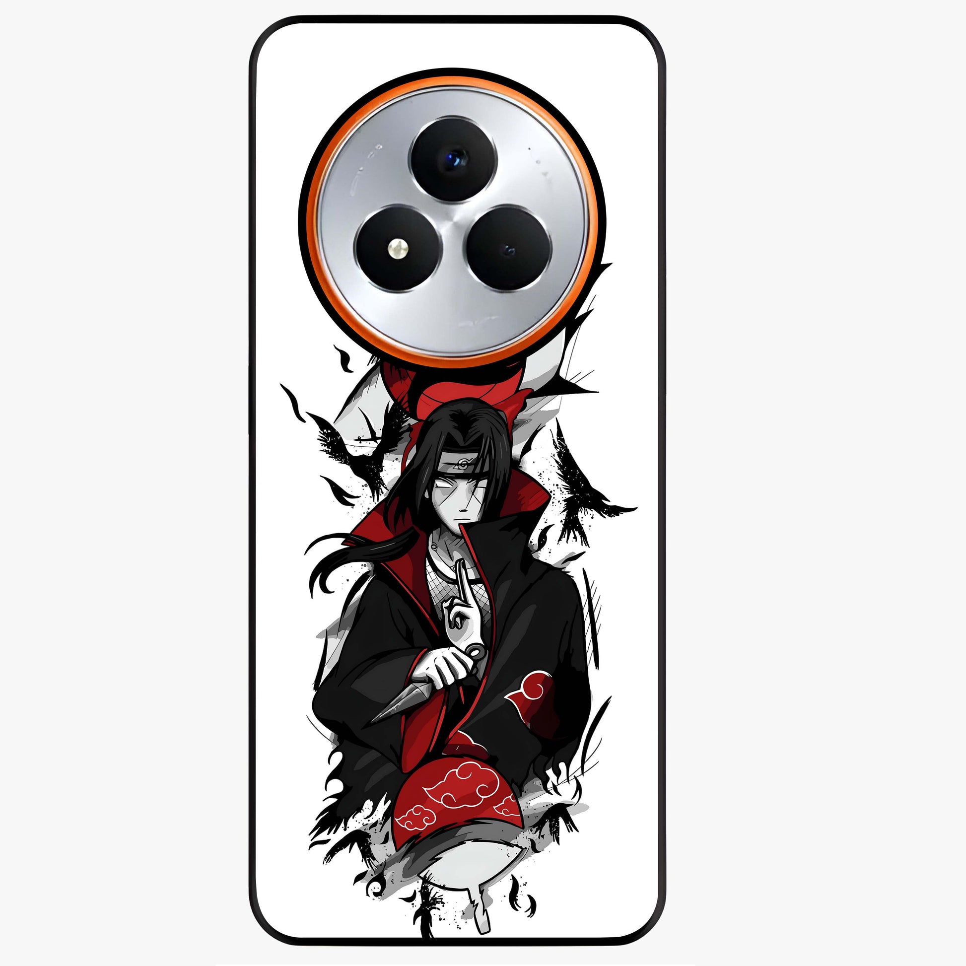 Itachi Sharingan Glass Case showing flat back view with powerful anime eye artwork and glossy glass finish.