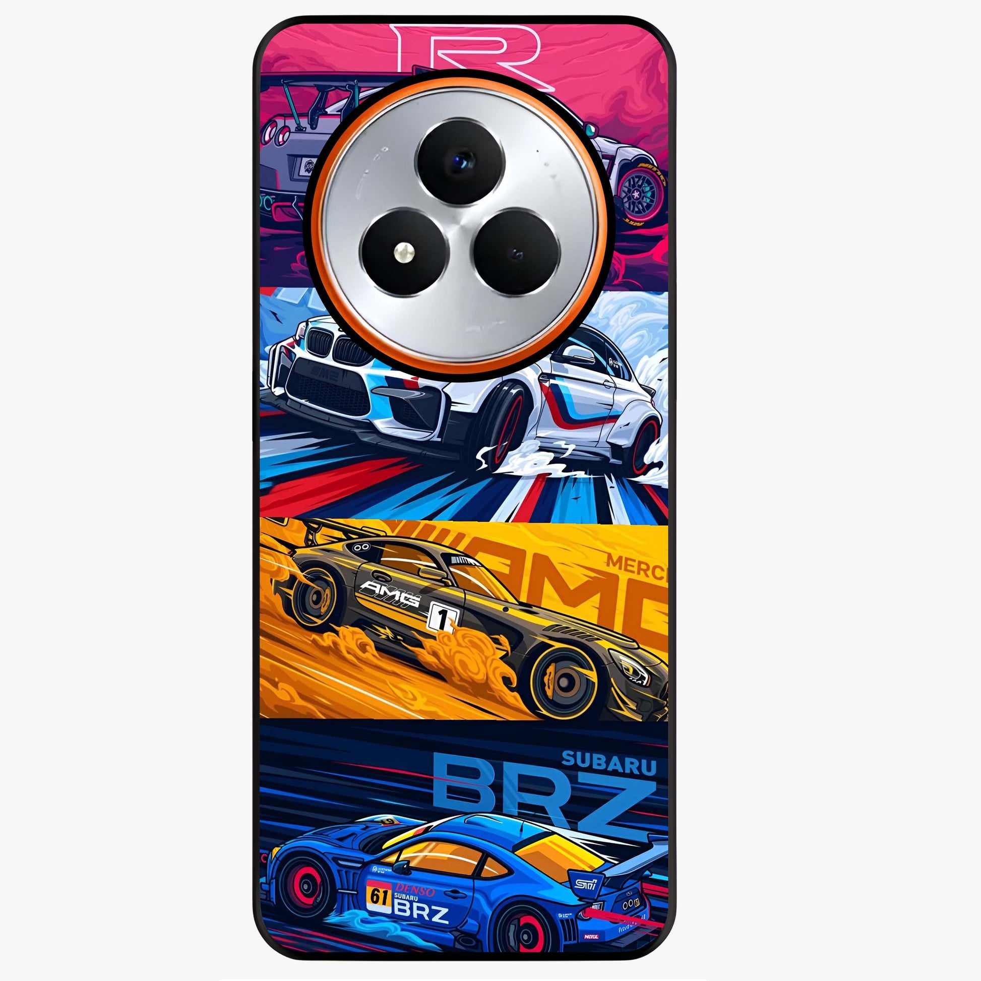 JDM Sports Car Glass Case showing flat back view with high performance sports car artwork and glossy glass finish.