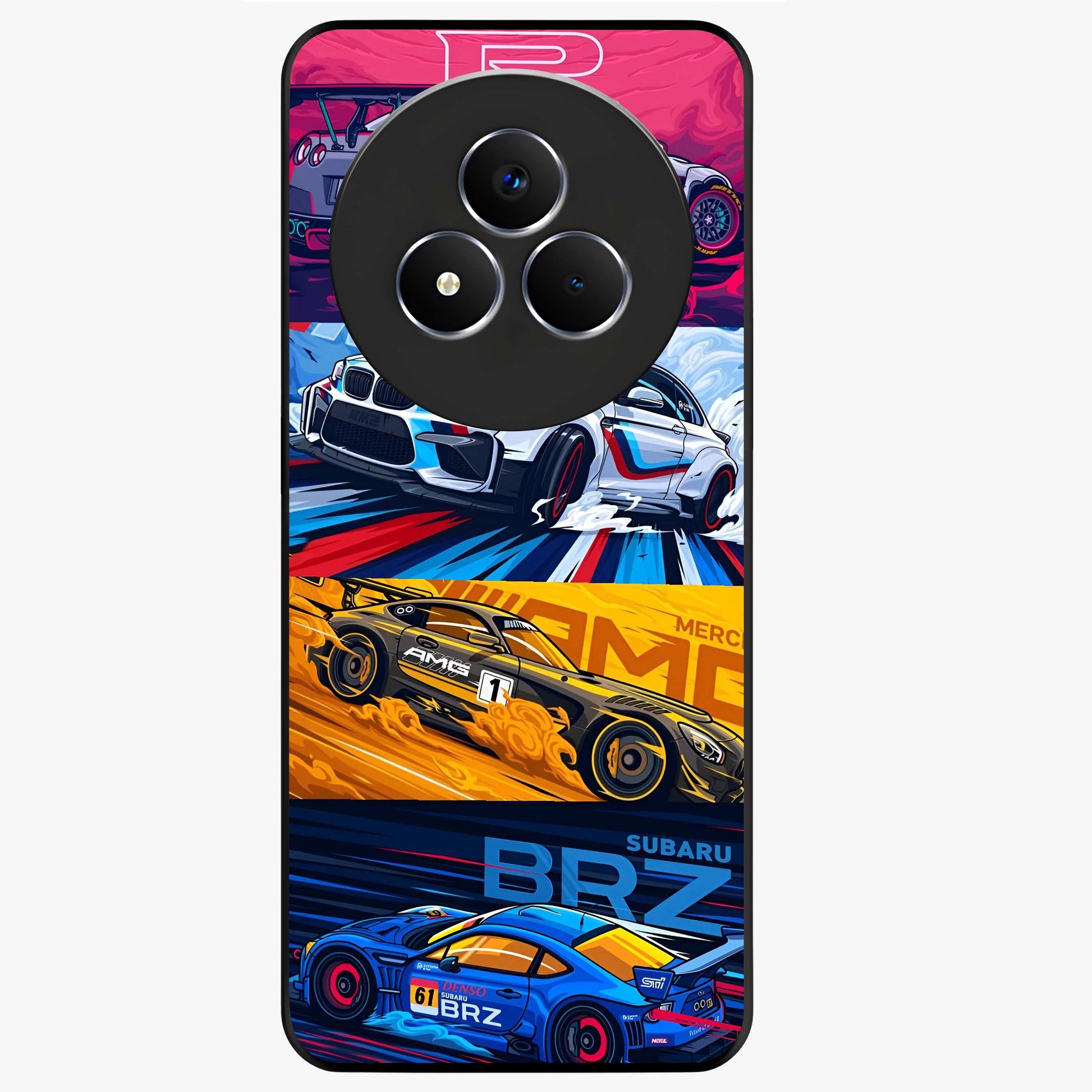 JDM Sports Car Glass Case showing flat back view with high performance sports car artwork and glossy glass finish.
