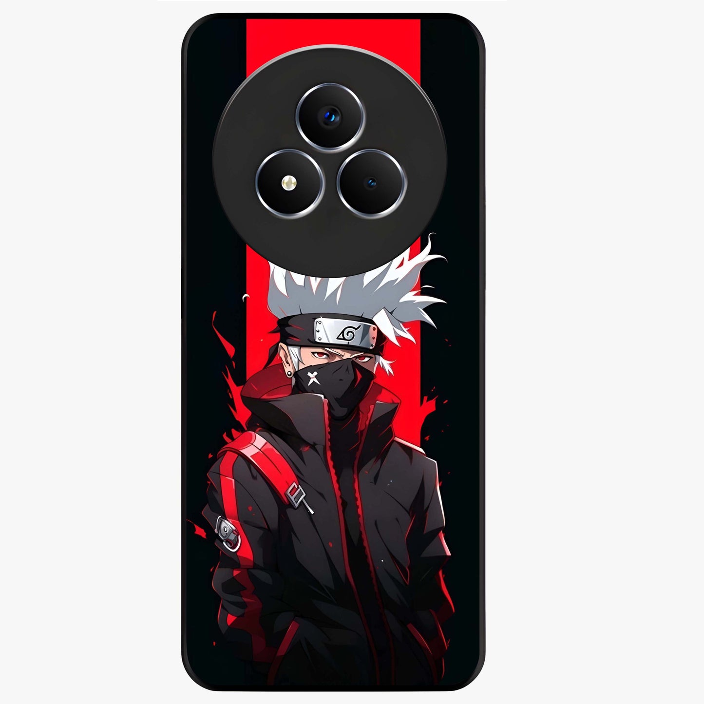 Kakashi Scarlet Shadow Glass Case showing flat back view with powerful anime ninja artwork and glossy glass finish.