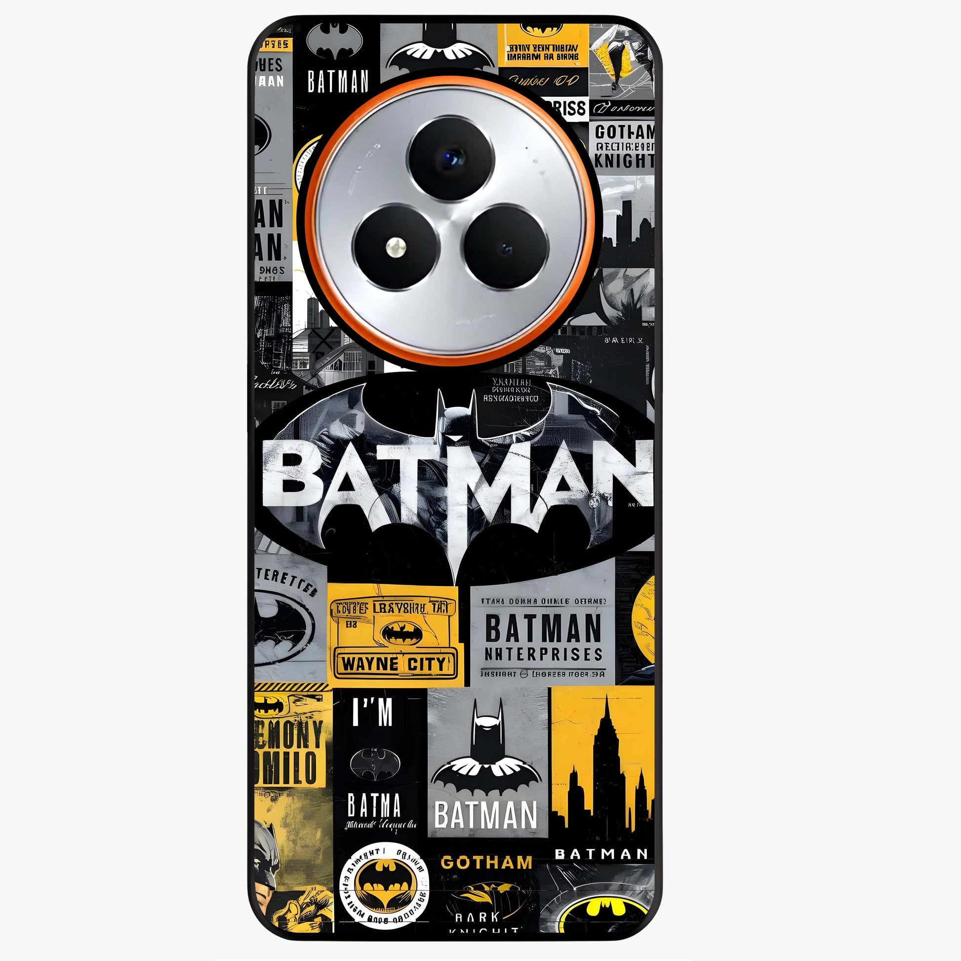 Knight Gotham Rise Glass Case showing flat back view with dark hero inspired artwork and glossy glass finish.