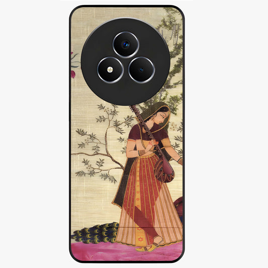 Lady With Veena Art Glass Case showing flat back view with elegant woman playing veena artwork and glossy glass finish.