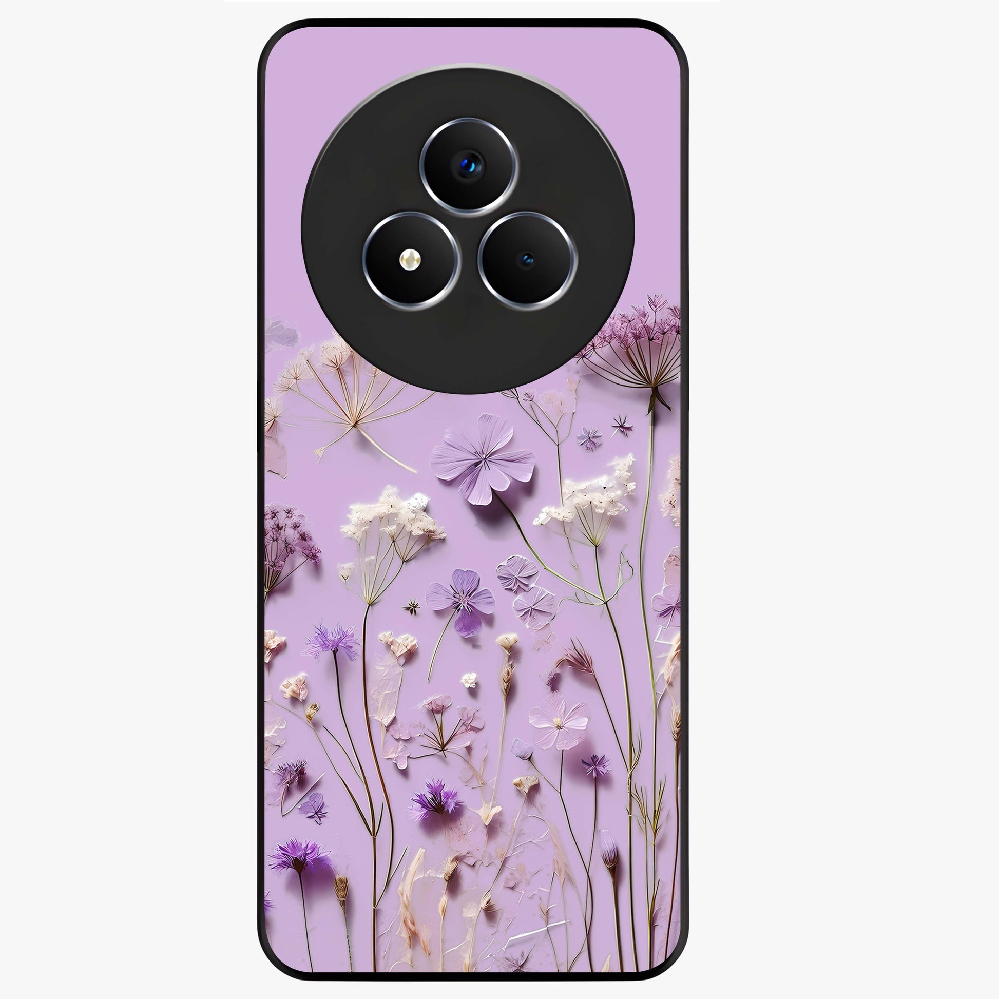 Lavender Blossom Dream Glass Case showing flat back view with soft lavender floral artwork and glossy glass finish.