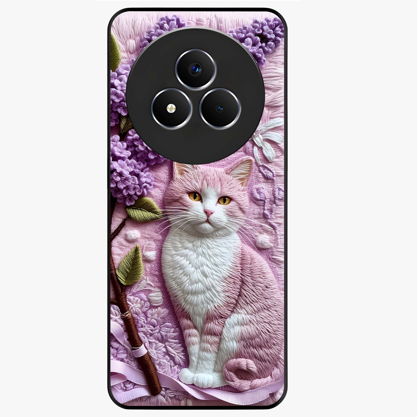 Lavender Cat Whimsy Glass Case showing flat back view with cute lavender cat artwork and glossy glass finish.