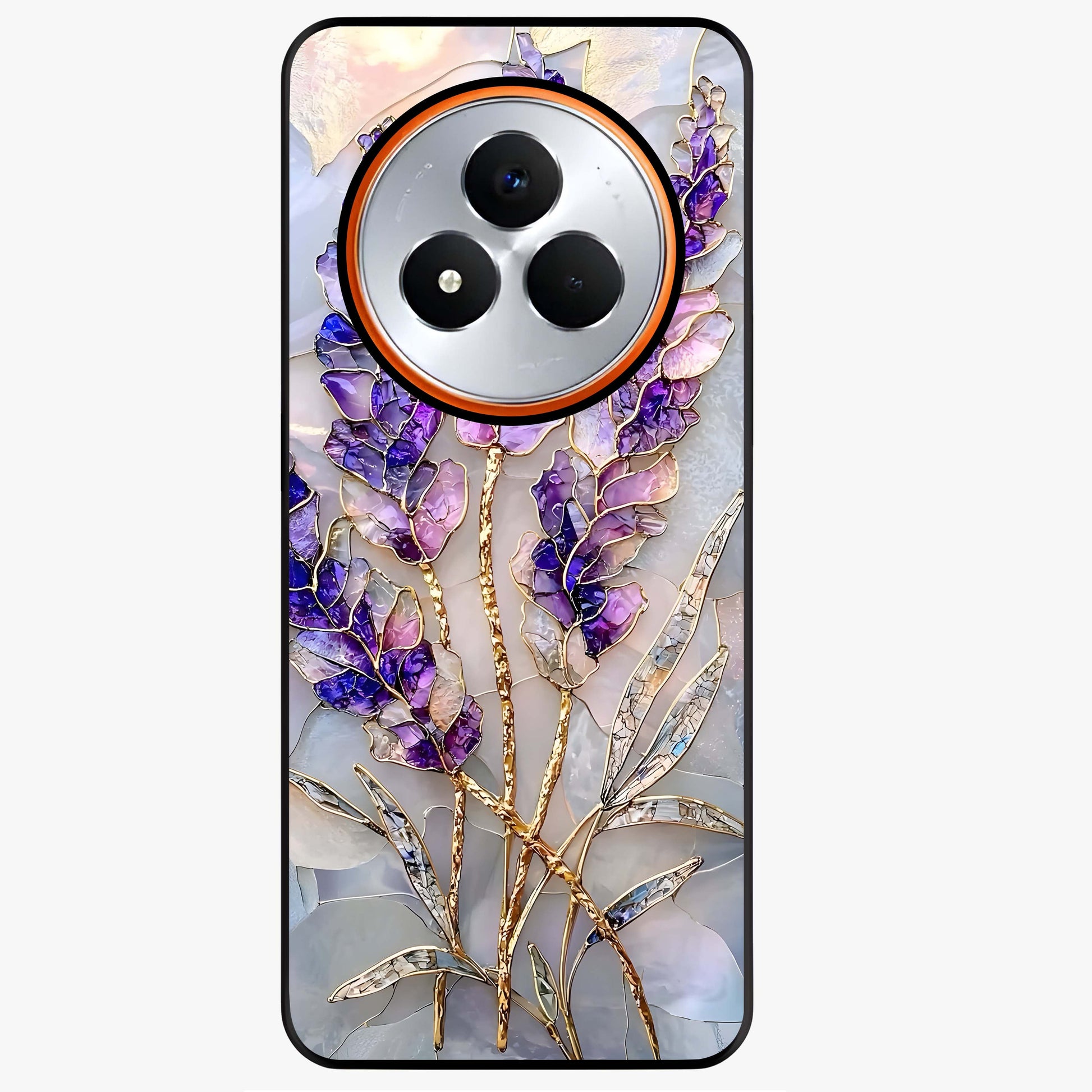 Lavender Dream Glow Glass Case showing flat back view with glowing lavender aesthetic artwork and glossy glass finish.