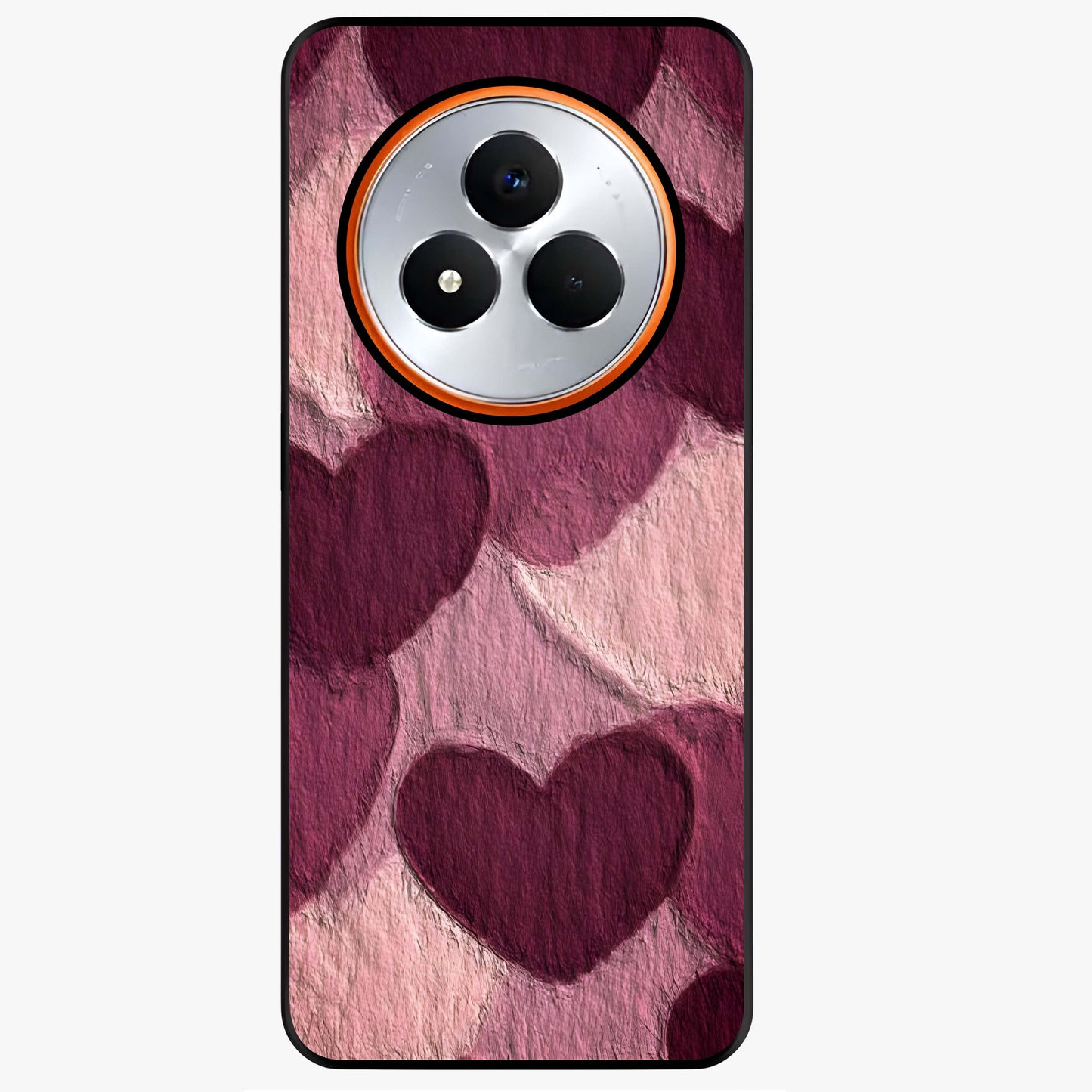 Layered Paper Hearts Glass Case showing flat back view with layered paper heart artwork and glossy glass finish.