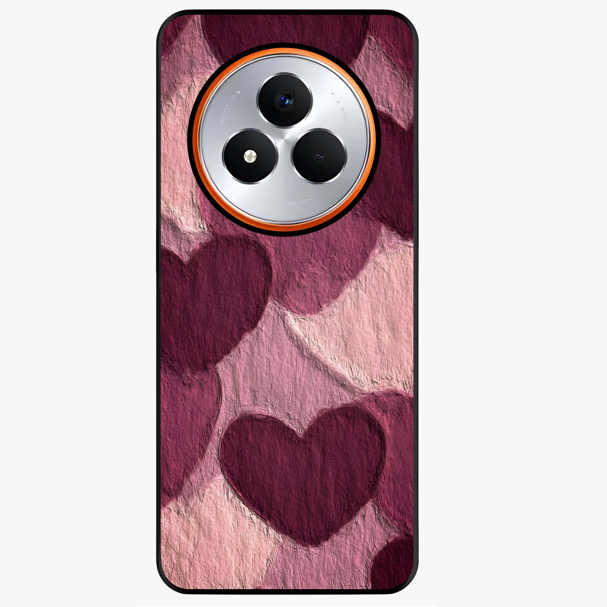Layered Paper Hearts Glass Case showing flat back view with layered paper heart artwork and glossy glass finish.