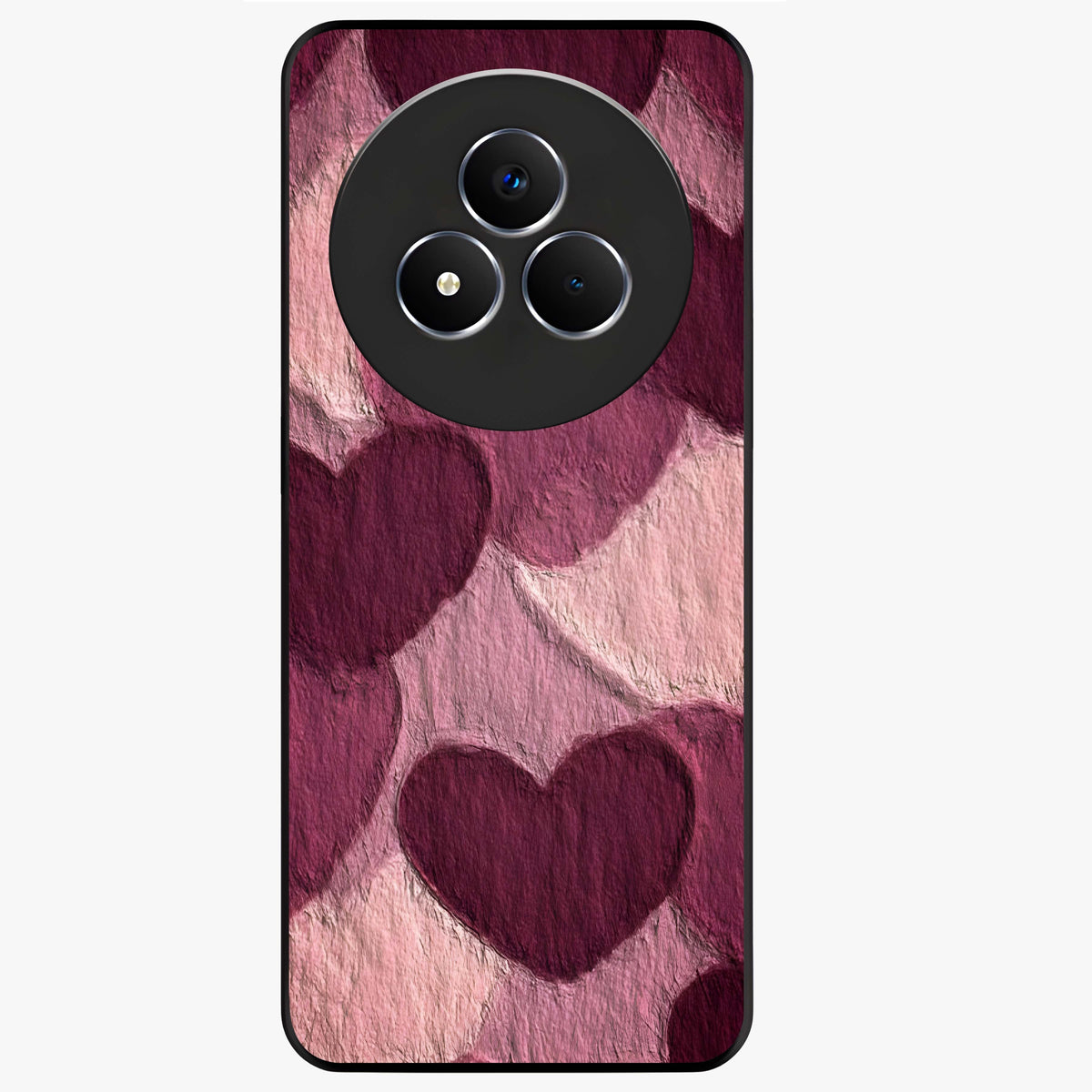 Layered Paper Hearts Glass Case showing flat back view with layered paper heart artwork and glossy glass finish.