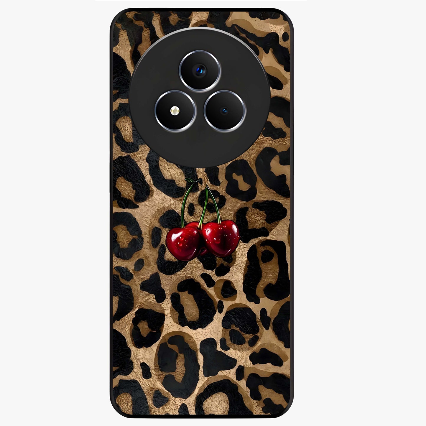 Leopard Wild Cherry Glass Case showing flat back view with leopard pattern and cherry artwork and glossy glass finish.