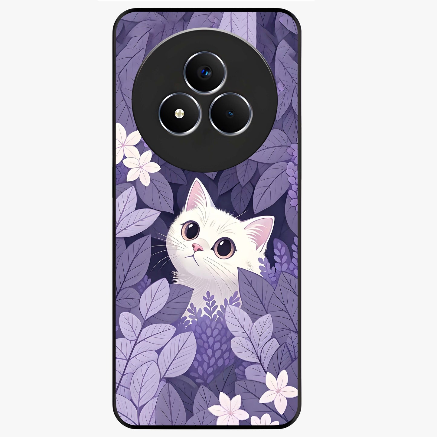 Lilac Hide Peek Cat Glass Case showing flat back view with cute peeking cat artwork and glossy glass finish.