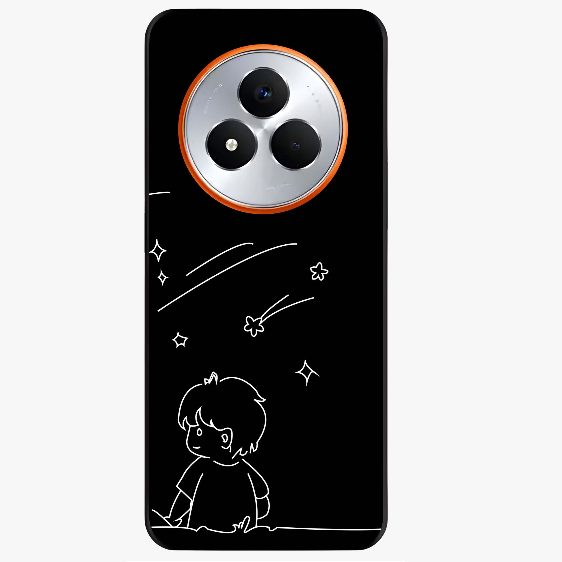 Line Art Boy With Shooting Stars Glass Case showing flat back view with minimal line art boy and shooting stars illustration and glossy glass finish.