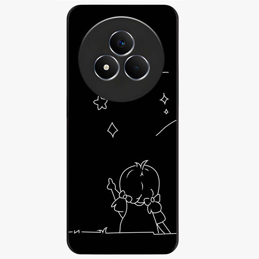 Line Art Girl With Shooting Stars Glass Case showing flat back view with minimal line art girl and shooting stars illustration and glossy glass finish.