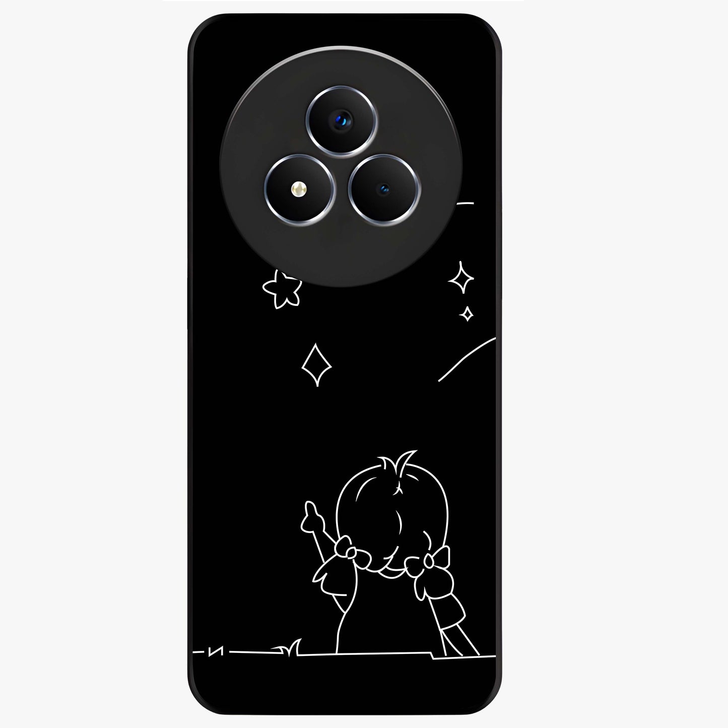 Line Art Girl With Shooting Stars Glass Case showing flat back view with minimal line art girl and shooting stars illustration and glossy glass finish.