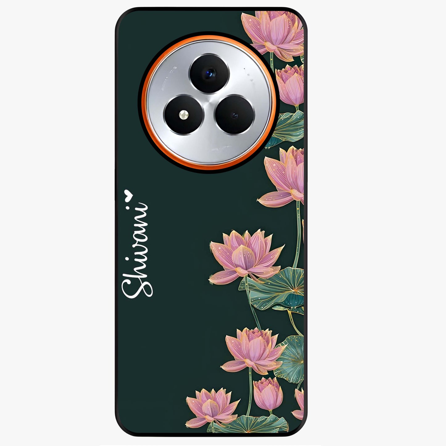 Lotus Bloom Serenity Custom Name Glass Case showing flat back view with elegant lotus flower artwork and personalized name design.