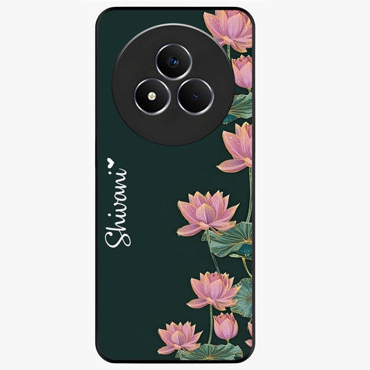 Lotus Bloom Serenity Custom Name Glass Case showing flat back view with elegant lotus flower artwork and personalized name design.