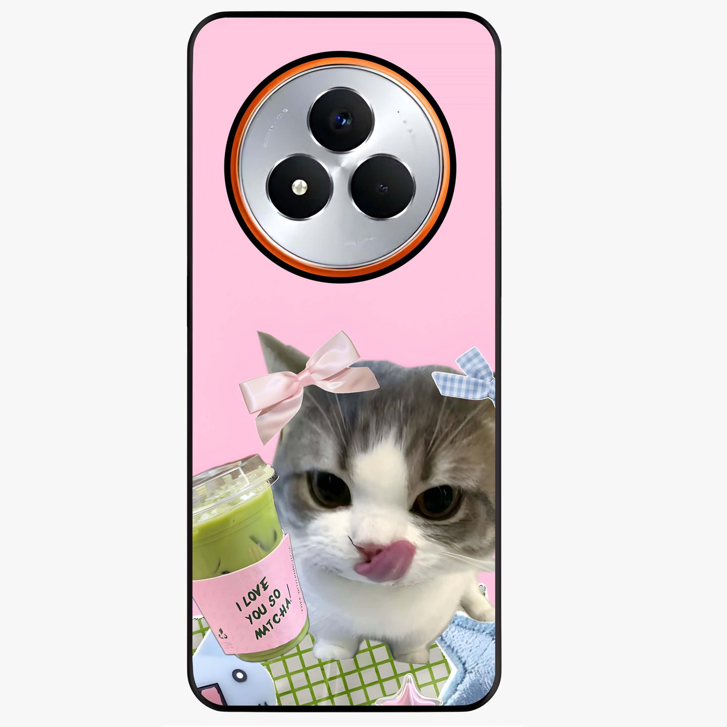 Love Matcha Cat Glass Case showing flat back view with cute cat and matcha themed artwork and glossy glass finish.