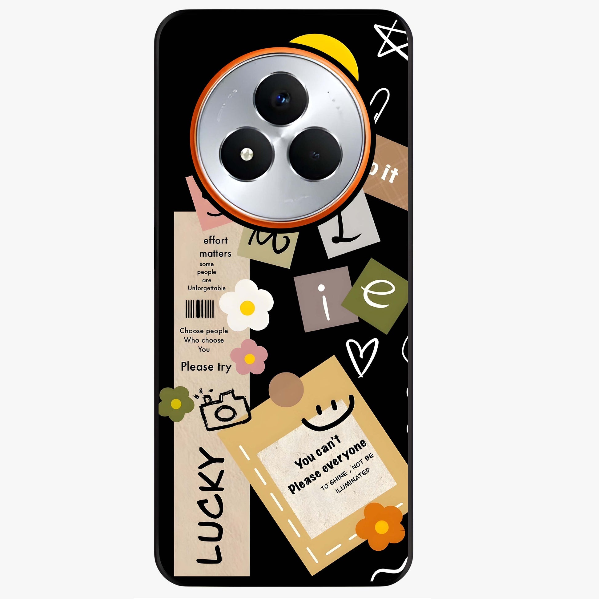 Lucky Aesthetic Collage Glass Case showing flat back view with trendy aesthetic collage artwork and glossy glass finish.