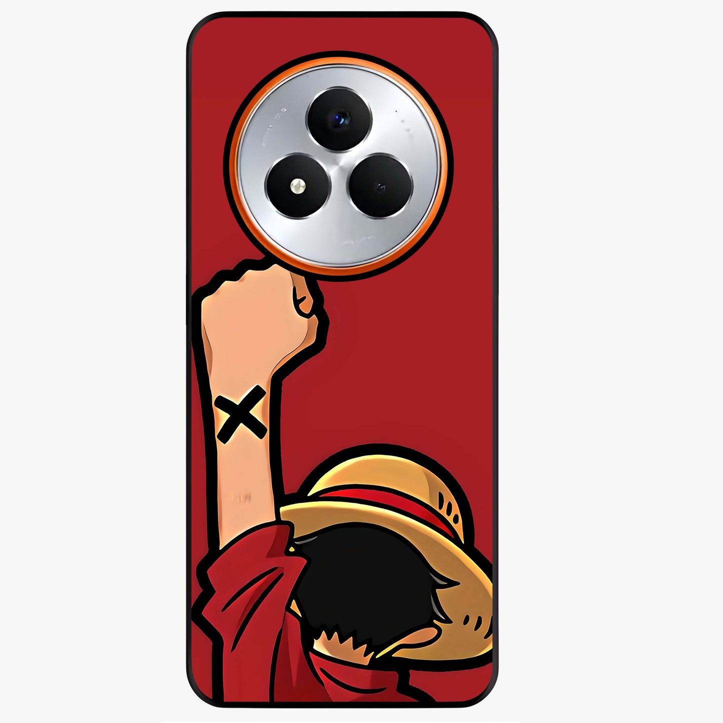 Luffy X Spirit Glass Case showing flat back view with bold anime character artwork and glossy glass finish.