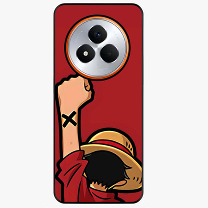 Luffy X Spirit Glass Case showing flat back view with bold anime character artwork and glossy glass finish.
